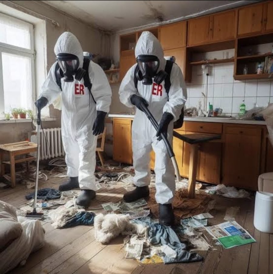 Equipo con traje de proteccion en una limpieza post mortem
